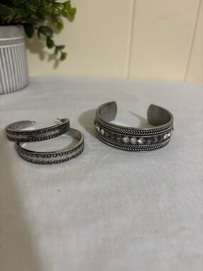 Silver-Tone Crystal Accent Cuff Bracelet and Bangles Set